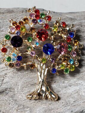New Tree of Life Brooch Multi Color Rhinestones on Gold Tone Metal Base